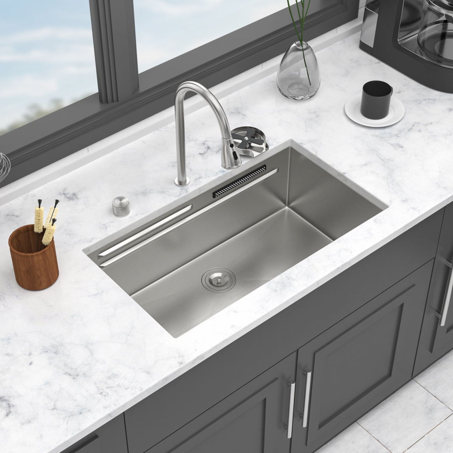 Undermount Stainless Steel Kitchen Sink With Pull Down Faucet & Ledge Workstation Daily Nest