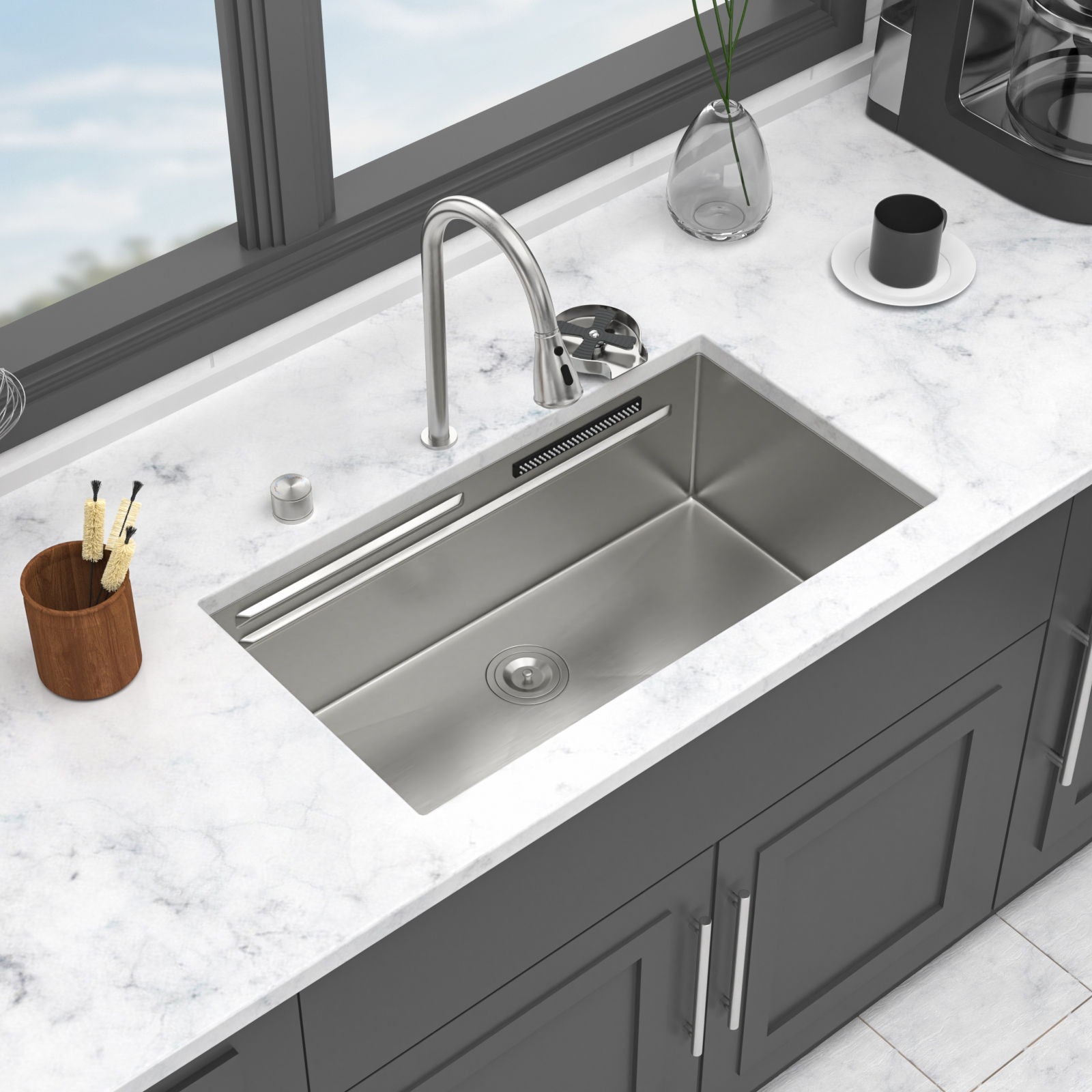Undermount Stainless Steel Kitchen Sink With Pull Down Faucet & Ledge Workstation Daily Nest