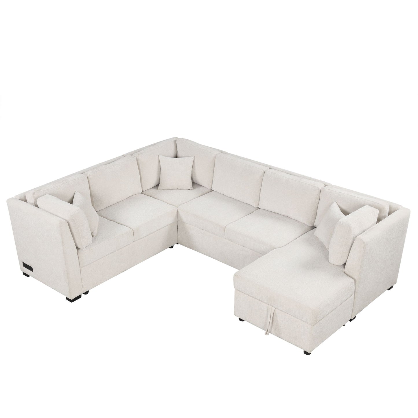 U-Shaped Sectional Sofa Pull Out Sofa Bed With Two USB Ports, Two Power Sockets, Three Back Pillows And A Storage Chaise For Living Room Hearth and Haven