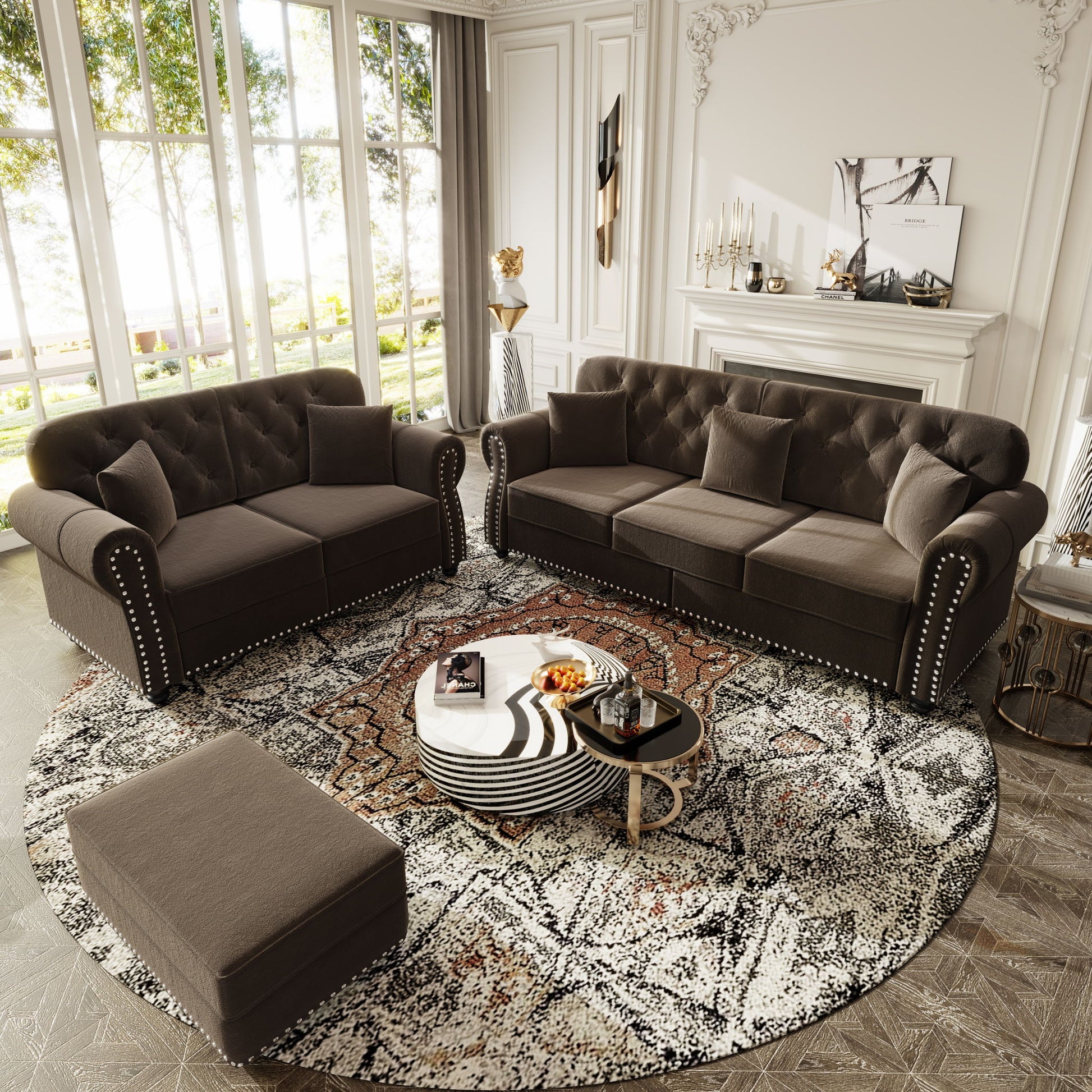 Upholstered Sofa Set With Nailhead Trim And Rolled Armrests, Includes Pillows Home Essentials