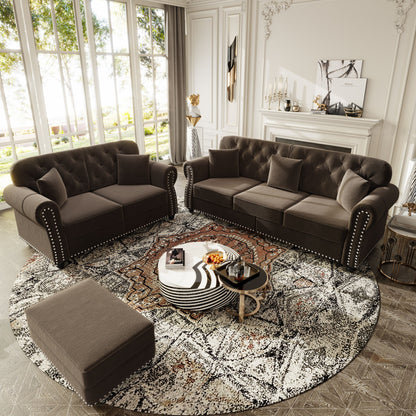 Upholstered Sofa Set With Nailhead Trim And Rolled Armrests, Includes Pillows Home Essentials