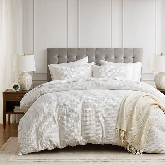 Mina - Full/Queen Waffle Weave Textured Duvet Cover Set - White Super Listing
