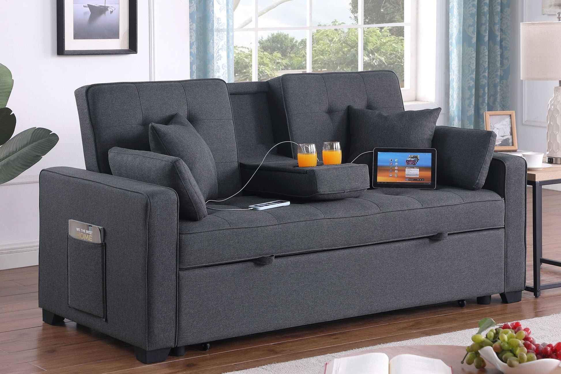 Cody II - Convertible Sleeper Loveseat With Cup Holder, Charging Ports and Pocket - Dark Gray Lilola Home