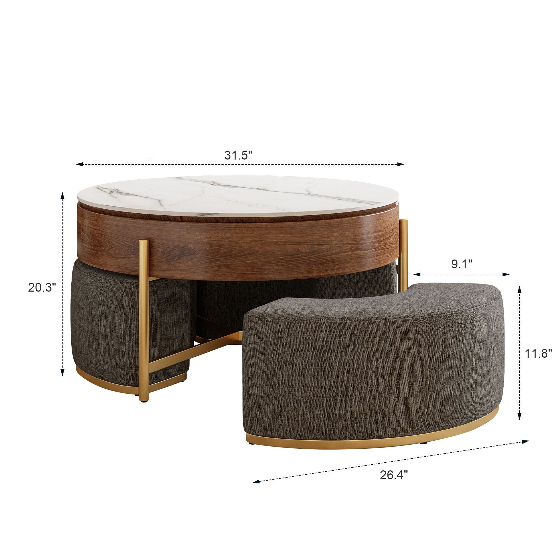 Lift Top Round Coffee Table With Hidden Storage, 3 Upholstered Nesting Ottomans - Brown / Gray / Golden / White Home Essentials
