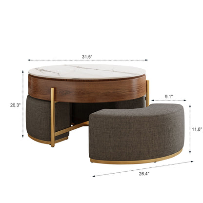 Lift Top Round Coffee Table With Hidden Storage, 3 Upholstered Nesting Ottomans - Brown / Gray / Golden / White Home Essentials