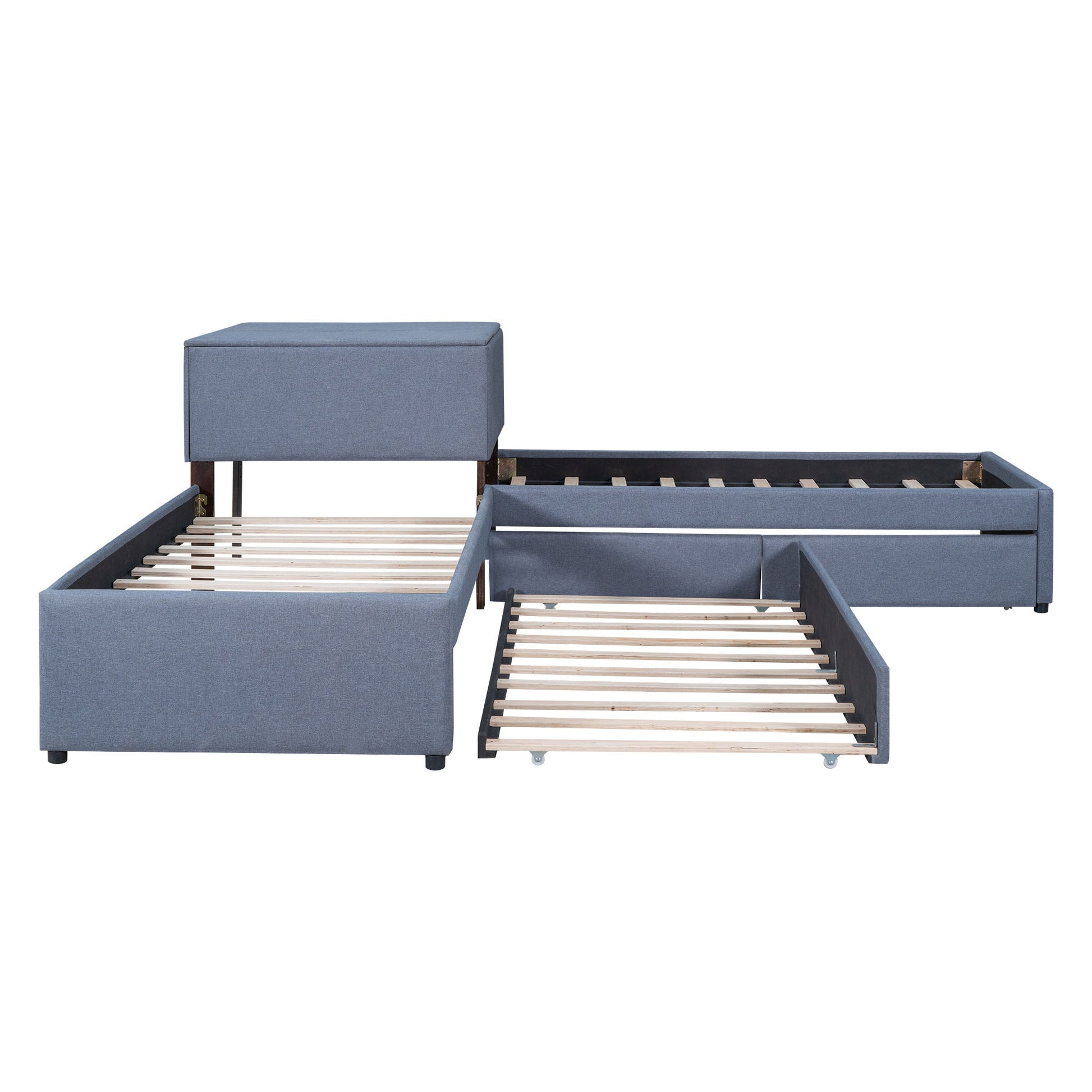 L Shaped Upholstered Platform Bed With Trundle And 2 Drawers Linked With Built In Desk Hearth and Haven