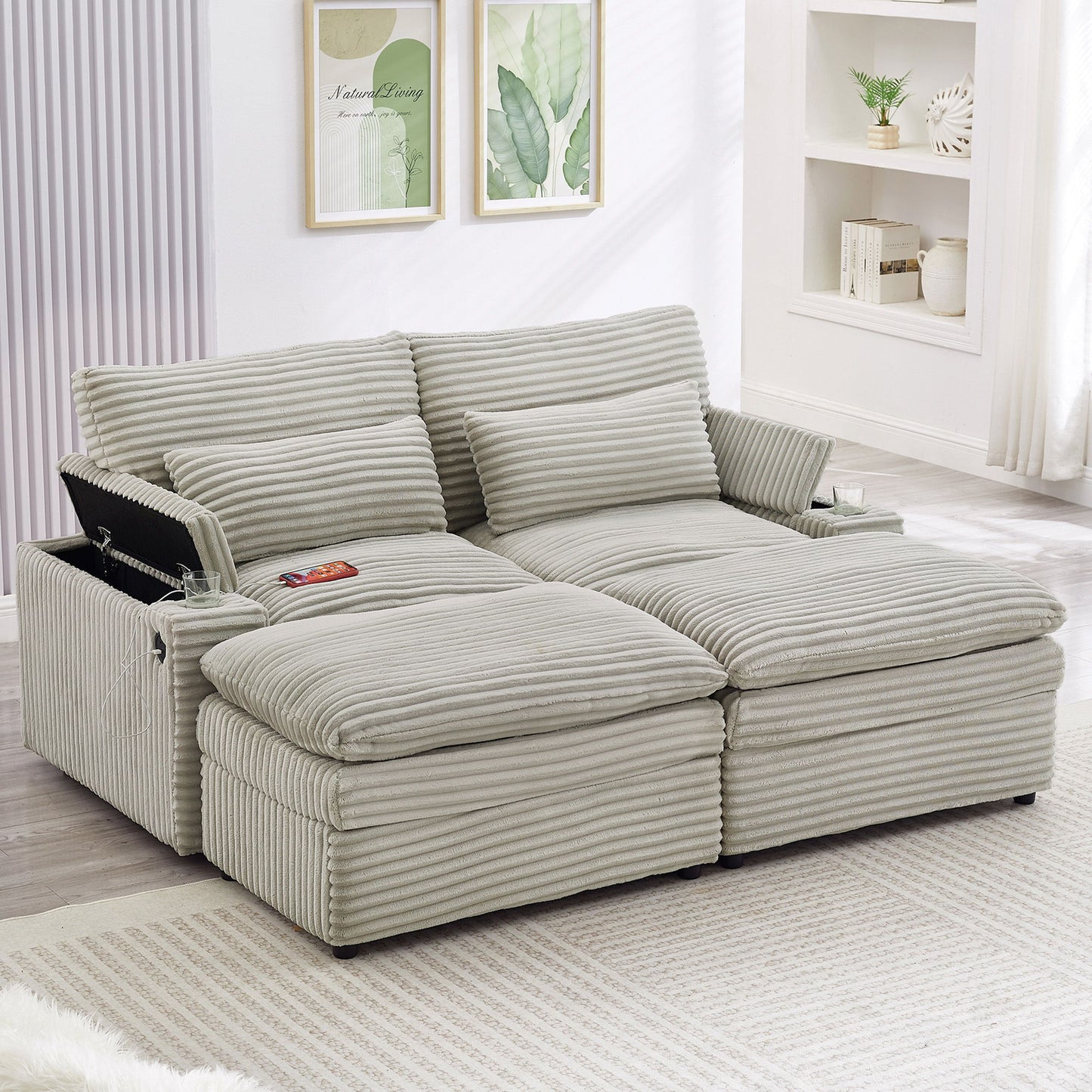 Convertible Loveseat Sofa With Storage, USB Ports, Cup Holders Hearth and Haven