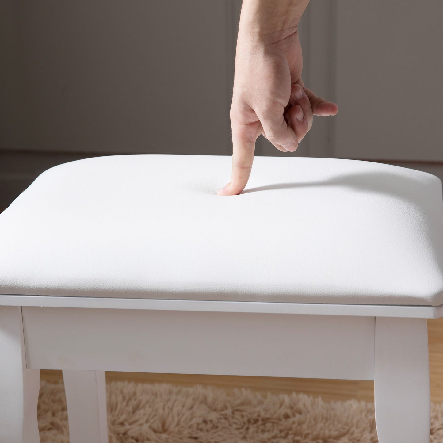 Vanity Stool Padded Makeup Chair Bench With Solid Wood Legs - White