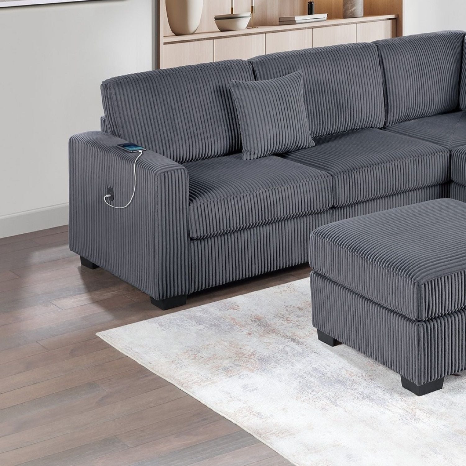 Upholstered L - Shaped 4 Piece Sectional Set With USB, Cocktail Ottoman Home Essentials