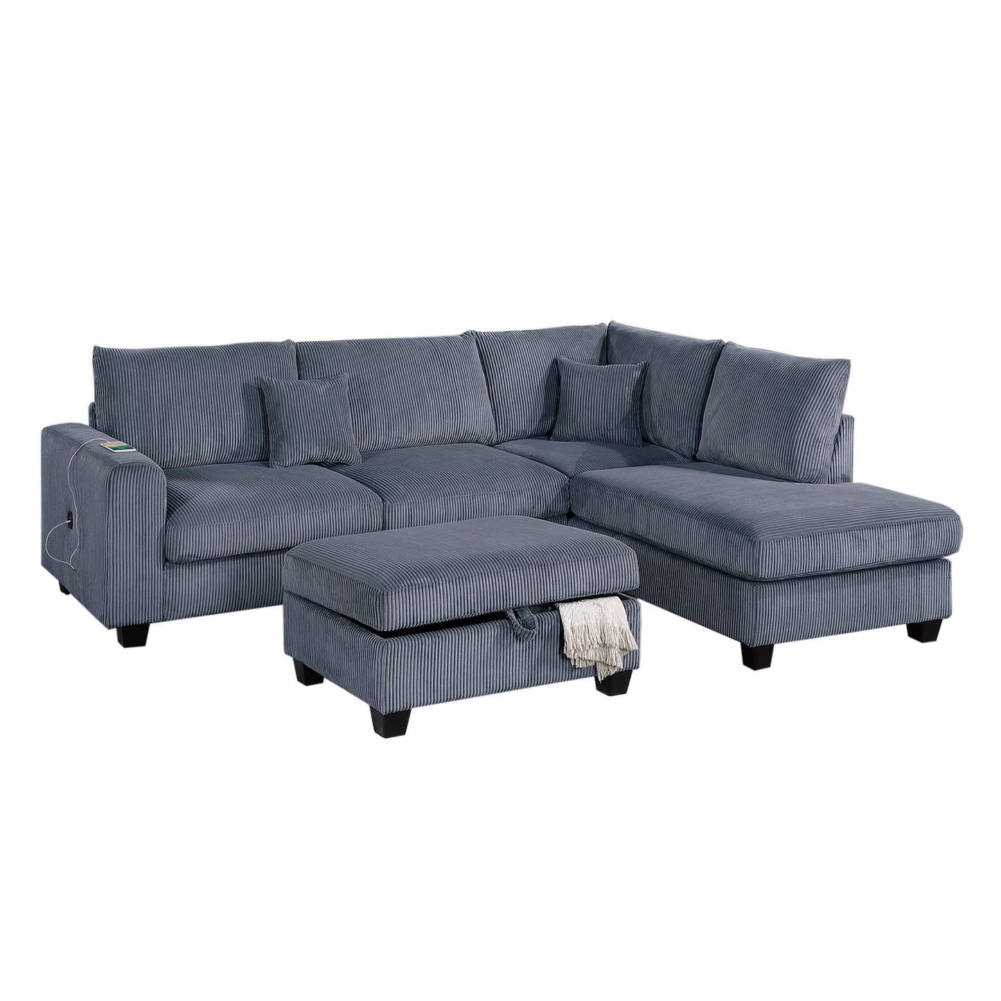 Modern Style Sectional Set With USB Port, Storage Ottoman Home Essentials