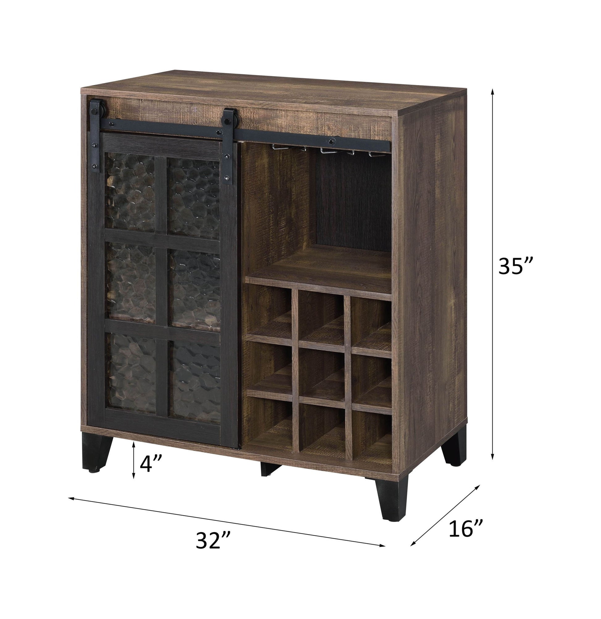 Treju Obscure - Glass, Rustic Wine Cabinet - Black / Oak Acme