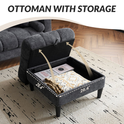 3 Seat L-Shaped Chenille Sofa With Removable And Storage Ottoman, Side Storage, And USB / C - Type Charging Ports Sofa For Living Room