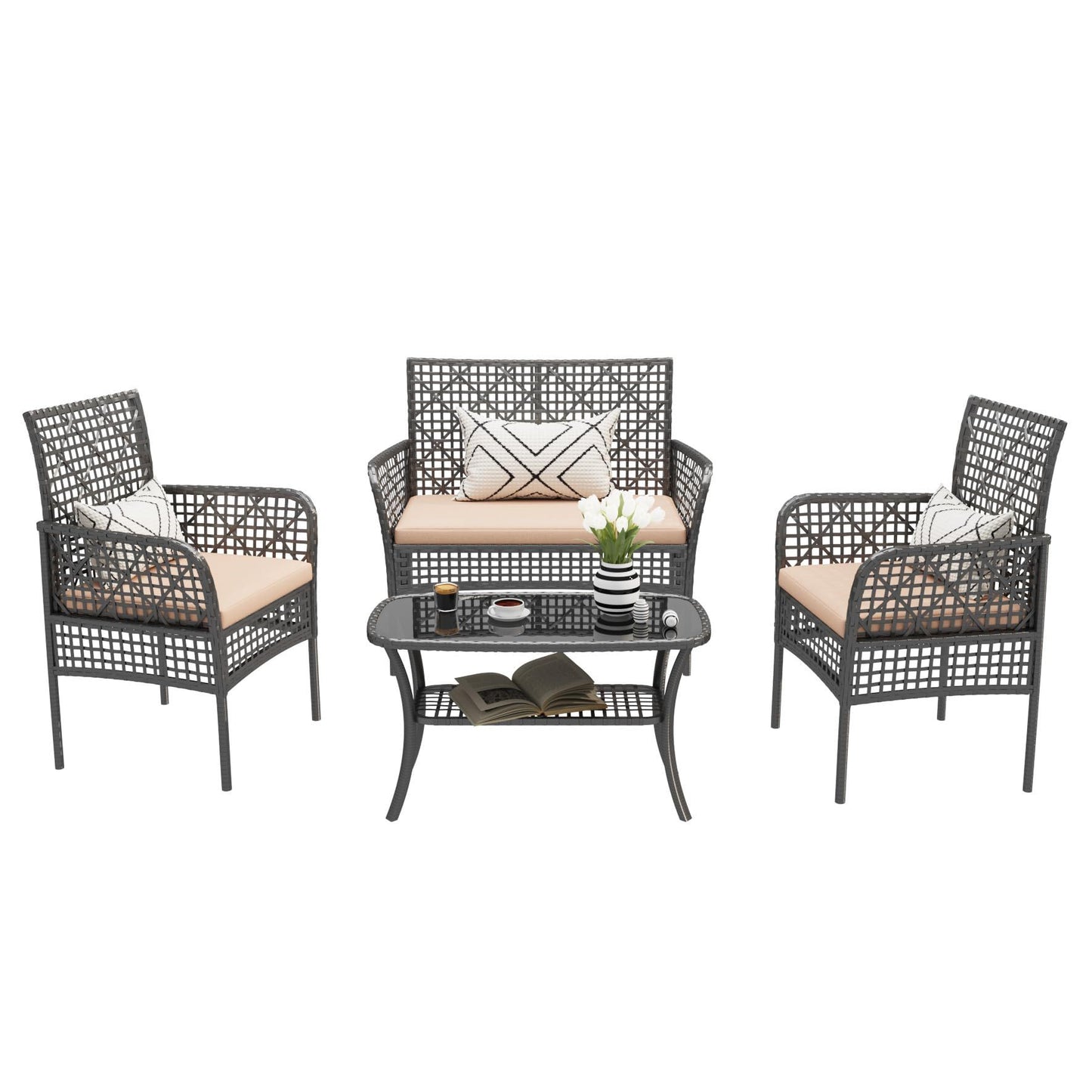 4 Pieces Rattan Wicker Chairs With Tempered Glass Table And Cushions Home Essentials