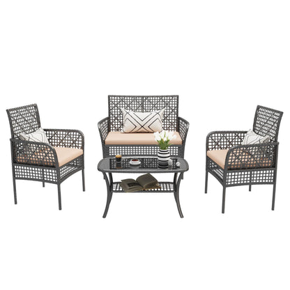 4 Pieces Rattan Wicker Chairs With Tempered Glass Table And Cushions Home Essentials