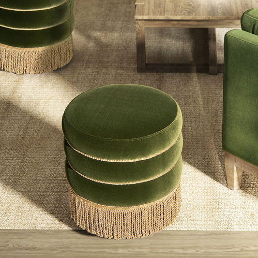 Edward - Round Upholstered Ottoman With Bullion Fringe - Olive Green Jennifer Taylor Home
