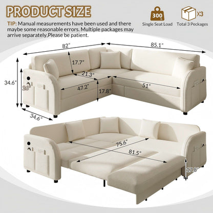 L-Shaped Couch With Pull-Out Bed, Oversize Convertible Sleeper Sofa With Side Pocket & USB Port Home Essentials