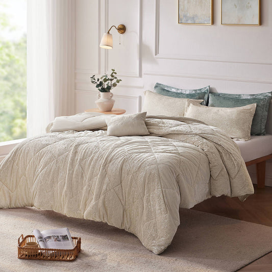 Felicia - Velvet Queen Duvet Cover Set With Throw Pillow - Champagne Intelligent Design