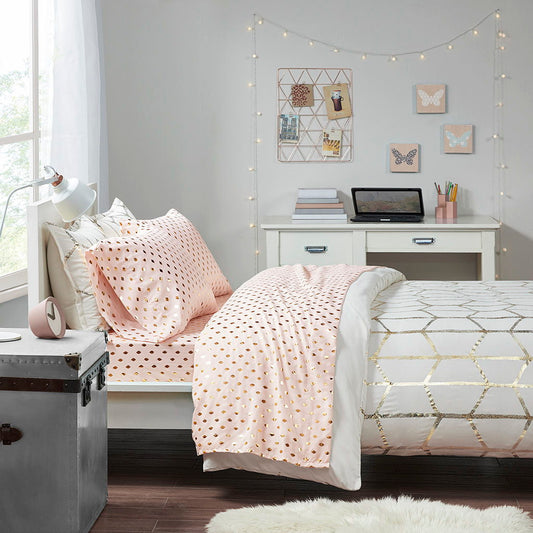 Metallic Dot - Twin Long Printed Sheet Set - Blush / Gold Intelligent Design