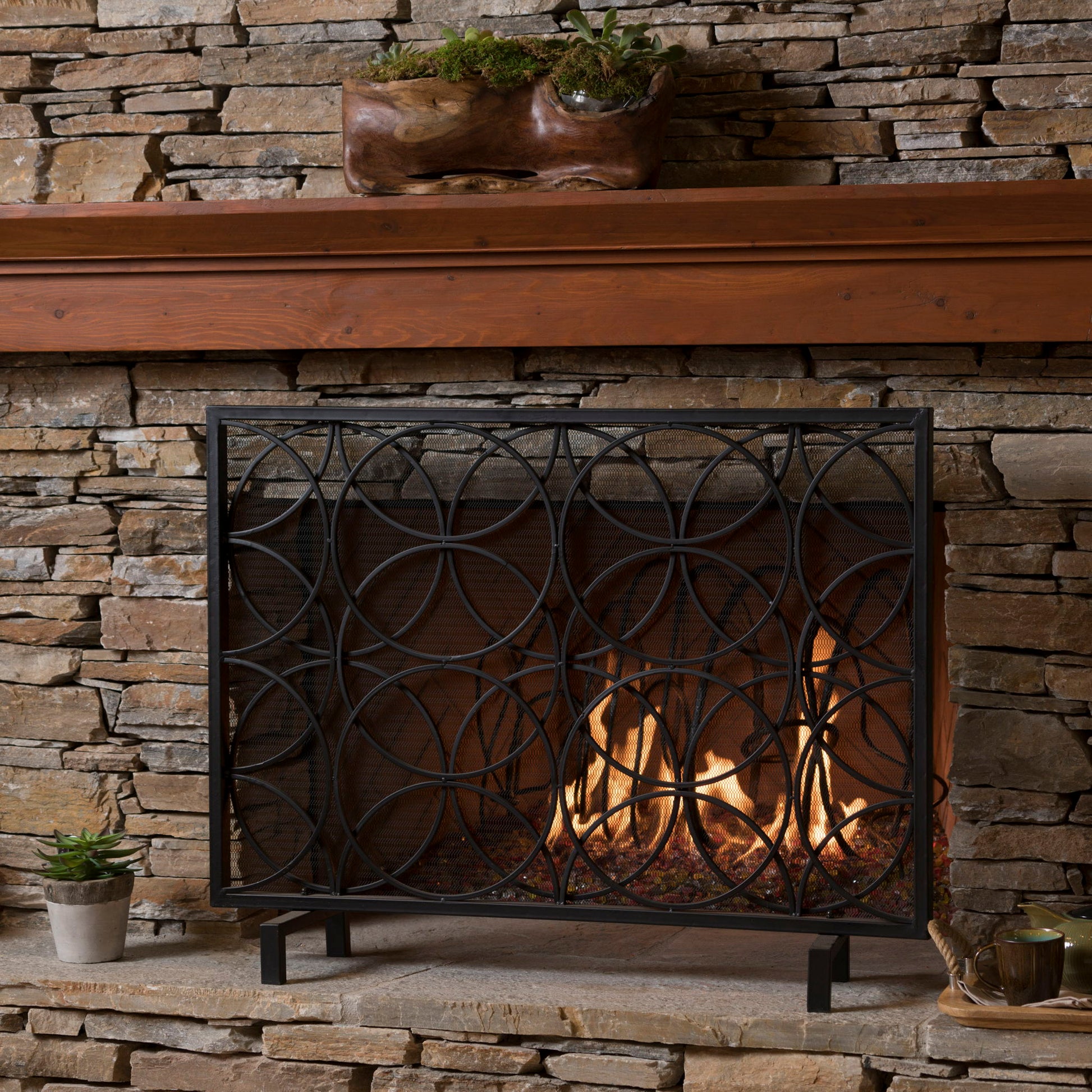Thayer - Single Panel Iron Fireplace Screen With Geometric Design Noble House