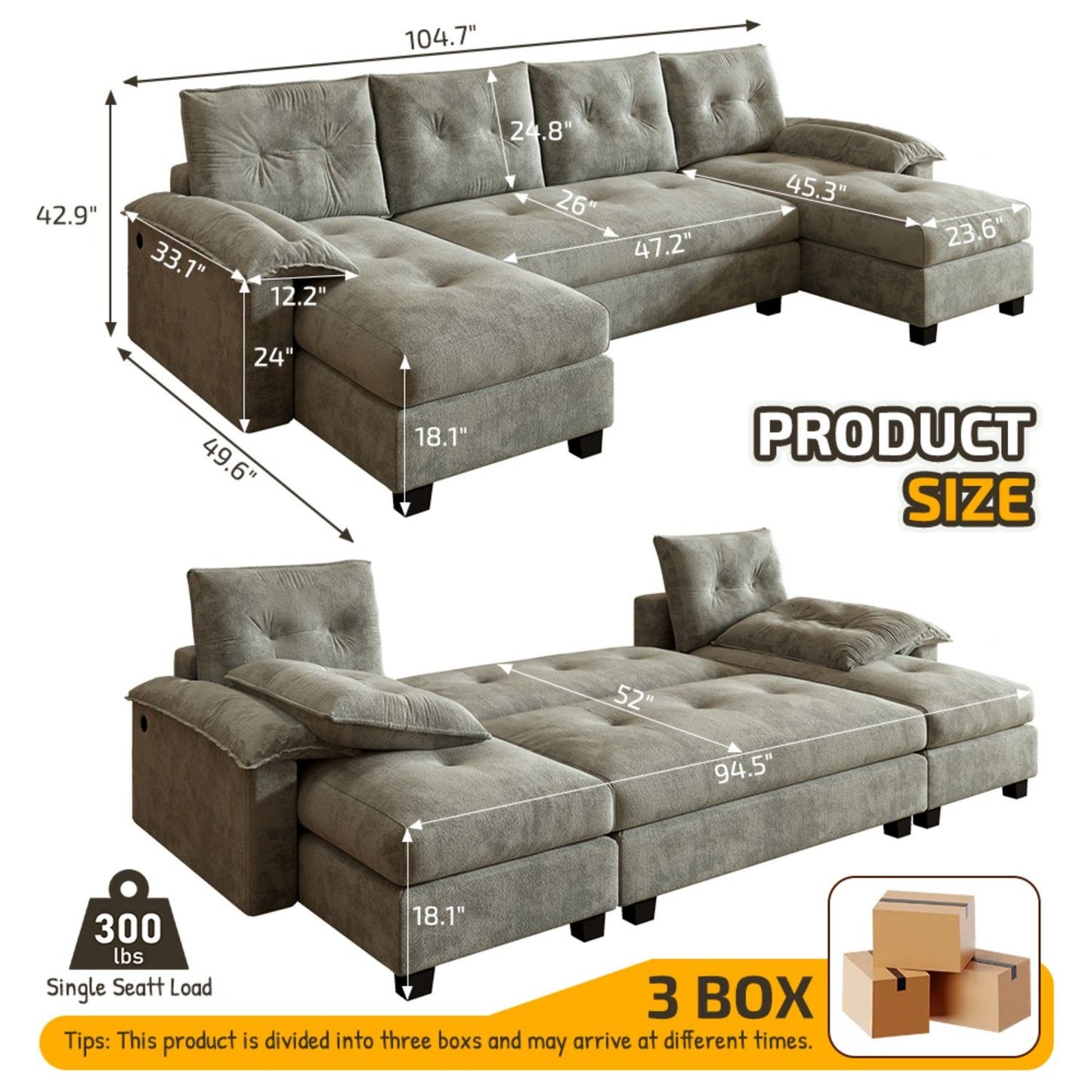 U-Shaped Sleeper Sofa With Pull Out Bed Home Essentials