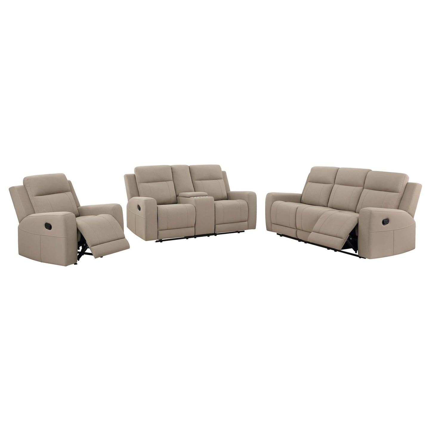 Slater - 3 Piece Upholstered Reclining Sofa Set And Built In Storage - Taupe Furniture Max