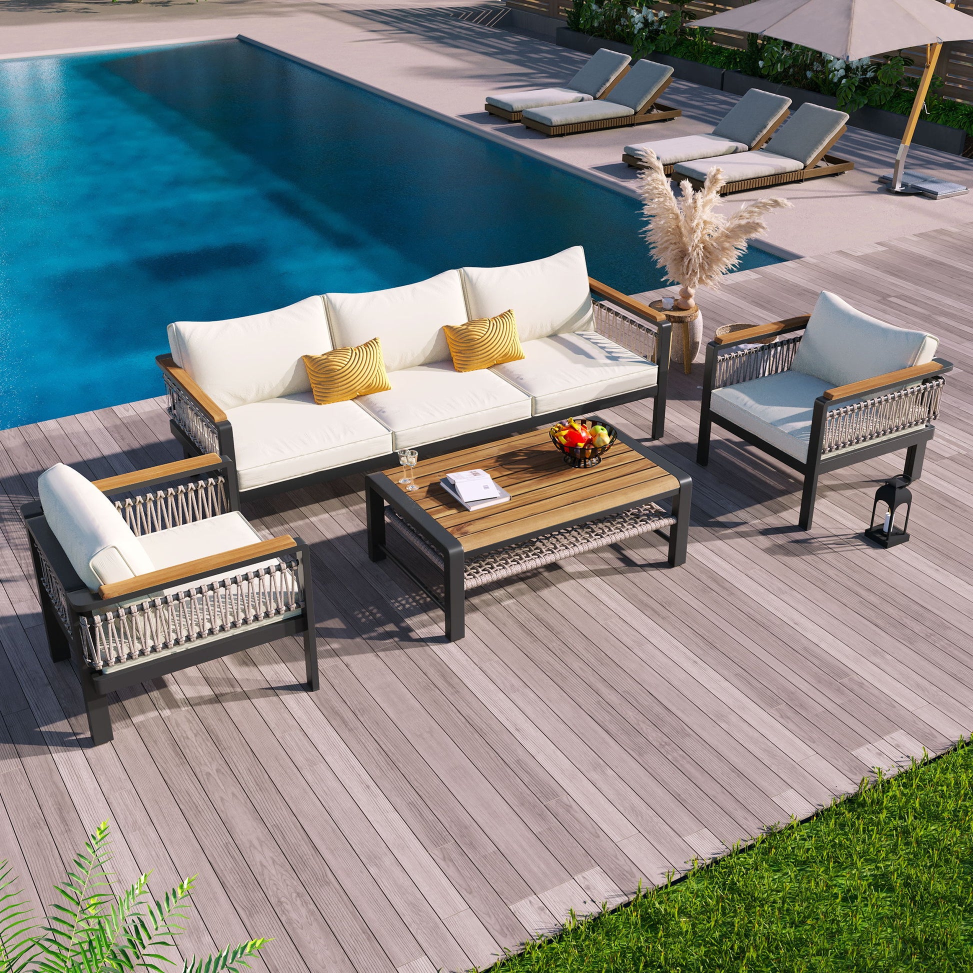 4 Pieces Outdoor Sectional Sofa Set 5 Person Patio Seating Group Outdoor Conversation Set With Cushions And A Coffee Table For Patios Hearth and Haven