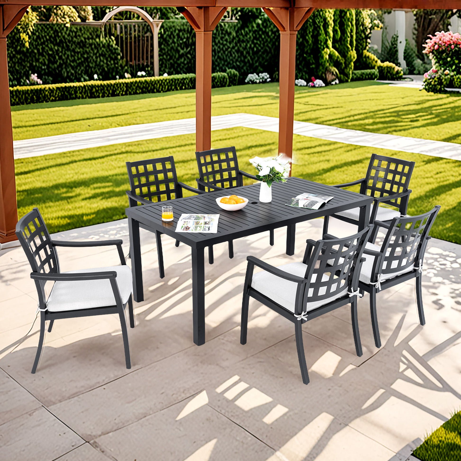 Modern Classic Outdoor Patio Dining Set, Rectangular Table & Dining Chairs, Rust Free, Weather Resistant Life Outside