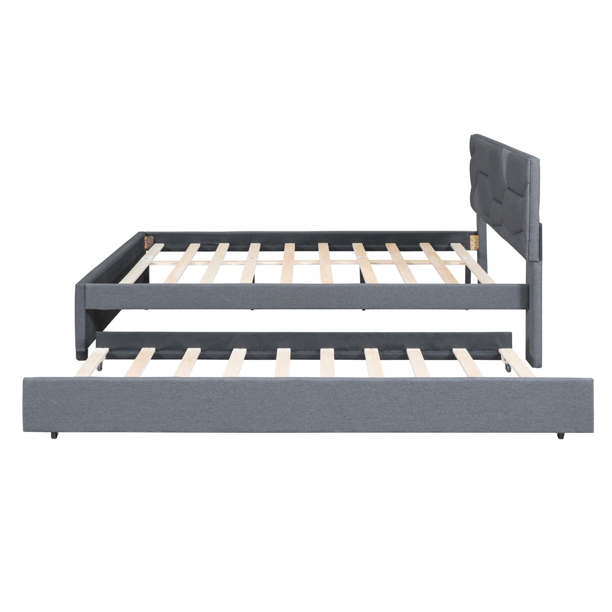 Upholstered Platform Bed With Brick Pattern Headboard And Twin Long Size Trundle Halcyon Home
