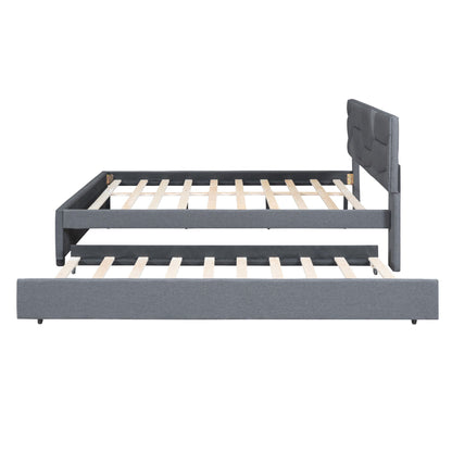 Upholstered Platform Bed With Brick Pattern Headboard And Twin Long Size Trundle Halcyon Home