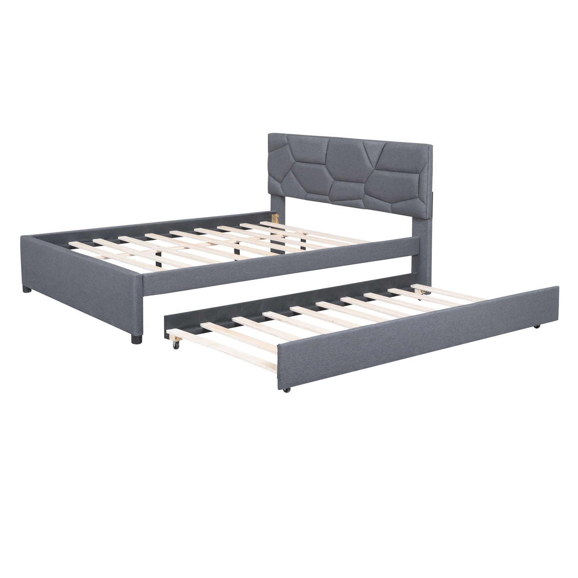Upholstered Platform Bed With Brick Pattern Headboard And Twin Long Size Trundle Halcyon Home