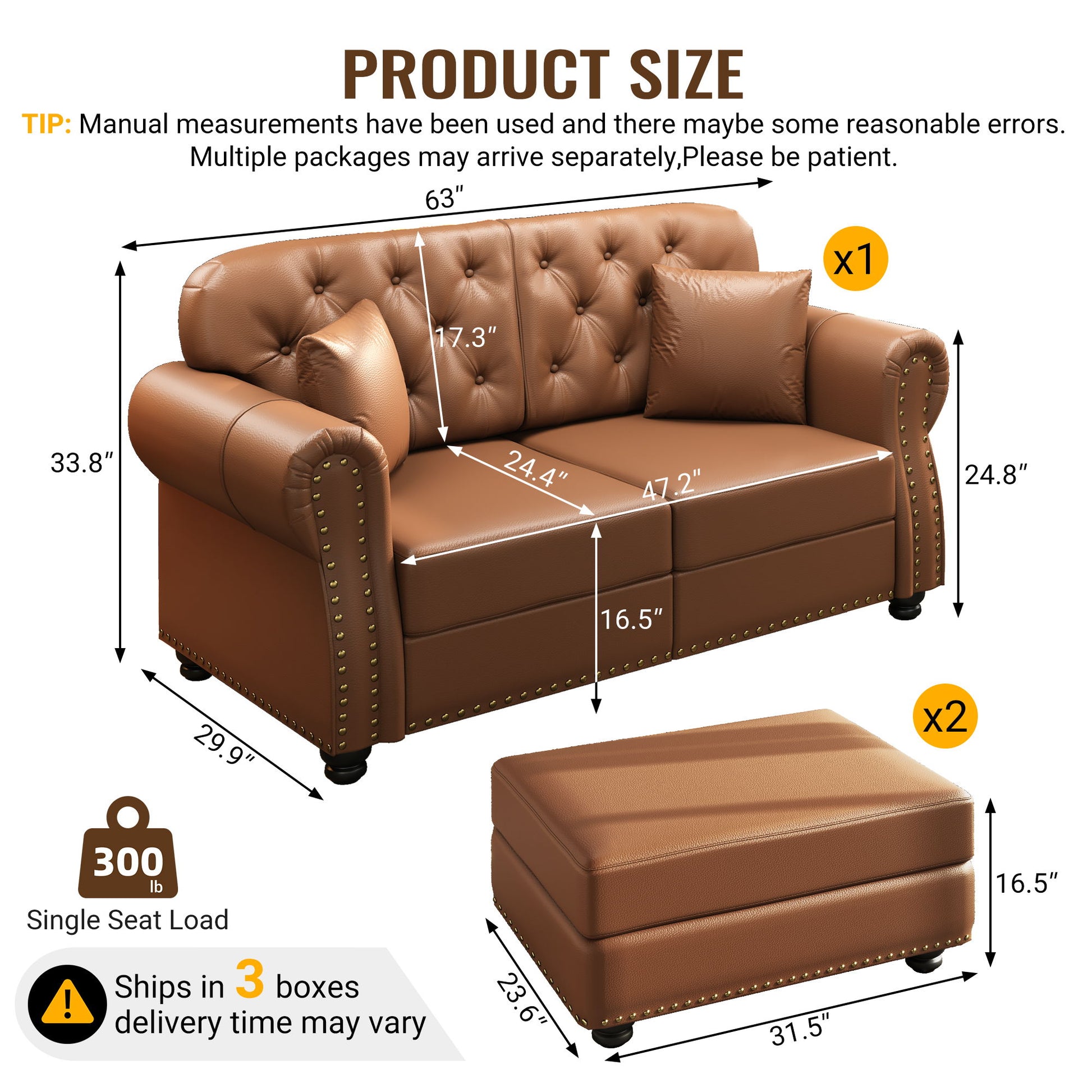 Upholstered Sofa With Nailhead Trim, Rolled Armrests With Ottoman Home Essentials