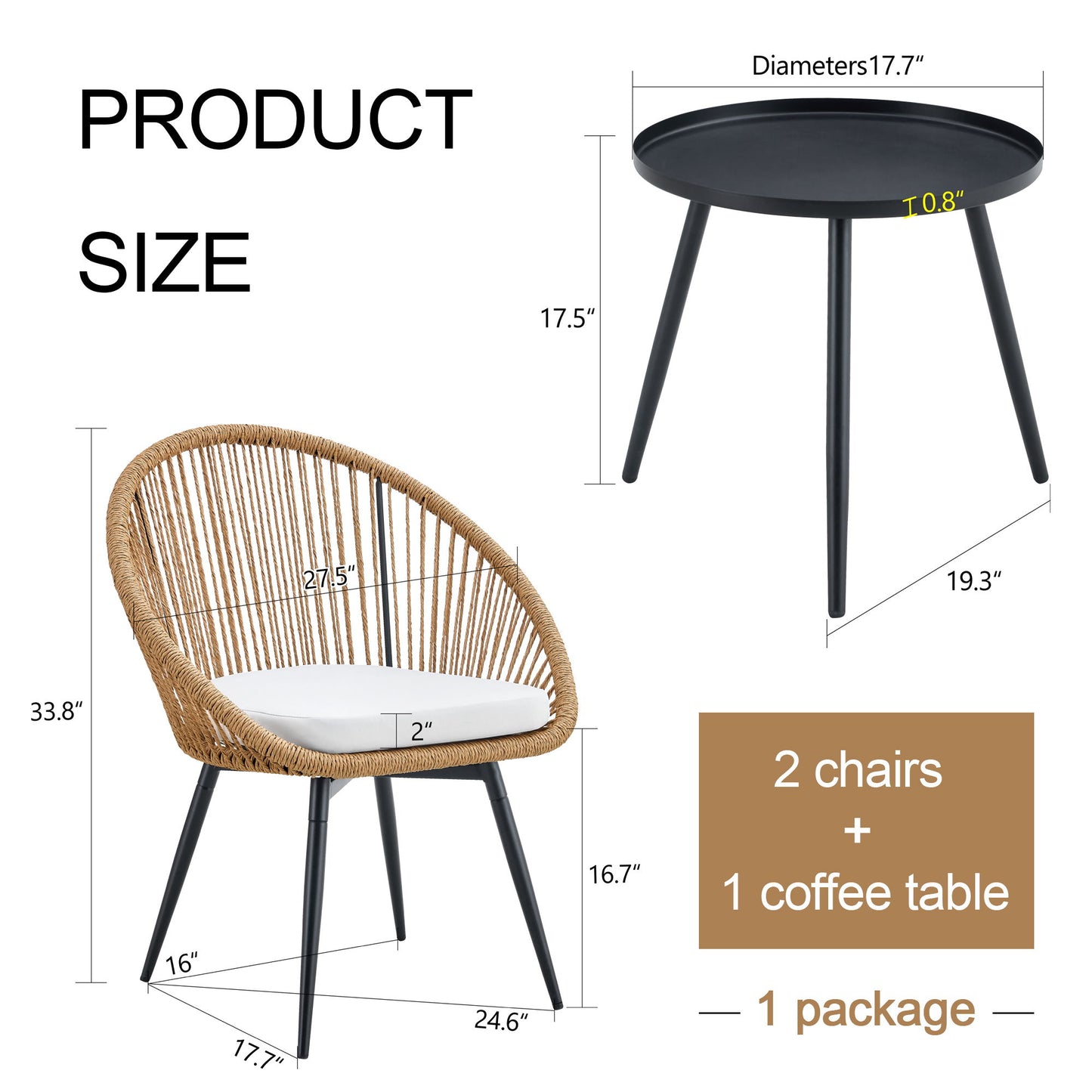 Modern 3 Piece Set, Anti - Spill Round Coffee Table, 2 Rattan Swivel Chairs, Outdoor Patio Furniture For Tea Time - Black / Wood Home Essentials