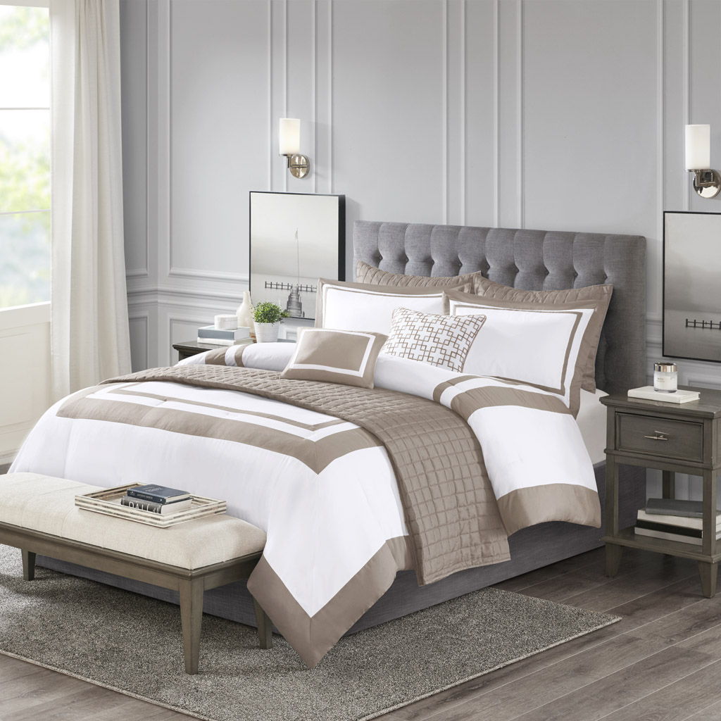 Heritage - 8 Piece Full Comforter And Quilt Set Collection - Taupe