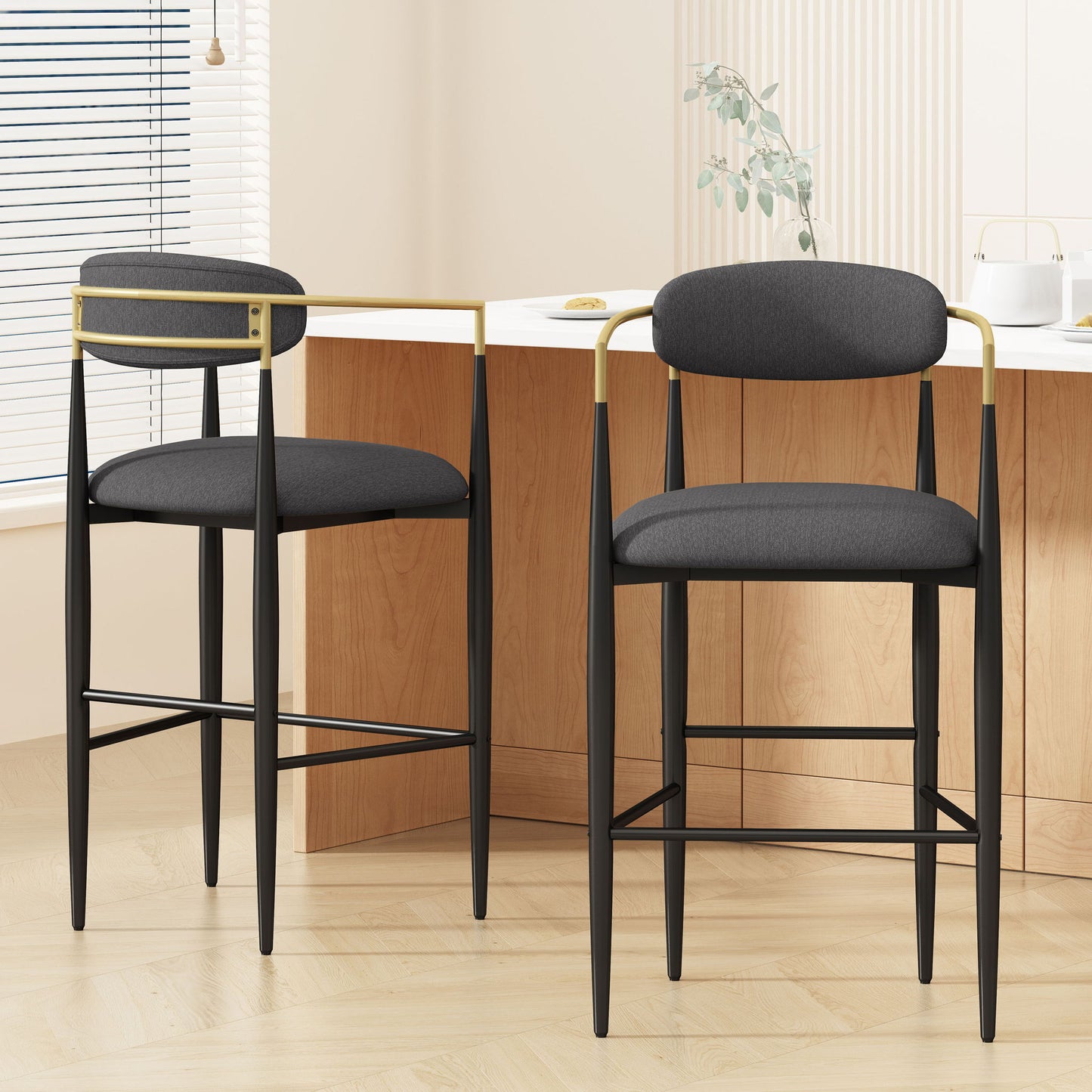 Upholstered Bar Stools With Backs For Kitchen Island (Set of 2) Noble House