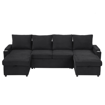 U Shaped Sectional Sofa Bed With Storage Chaise Lounges, USB Ports, And Cup Holders Hearth and Haven