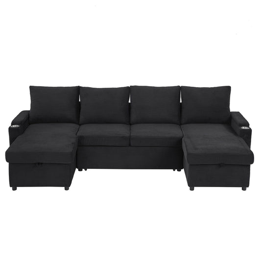 U Shaped Sectional Sofa Bed With Storage Chaise Lounges, USB Ports, And Cup Holders Hearth and Haven