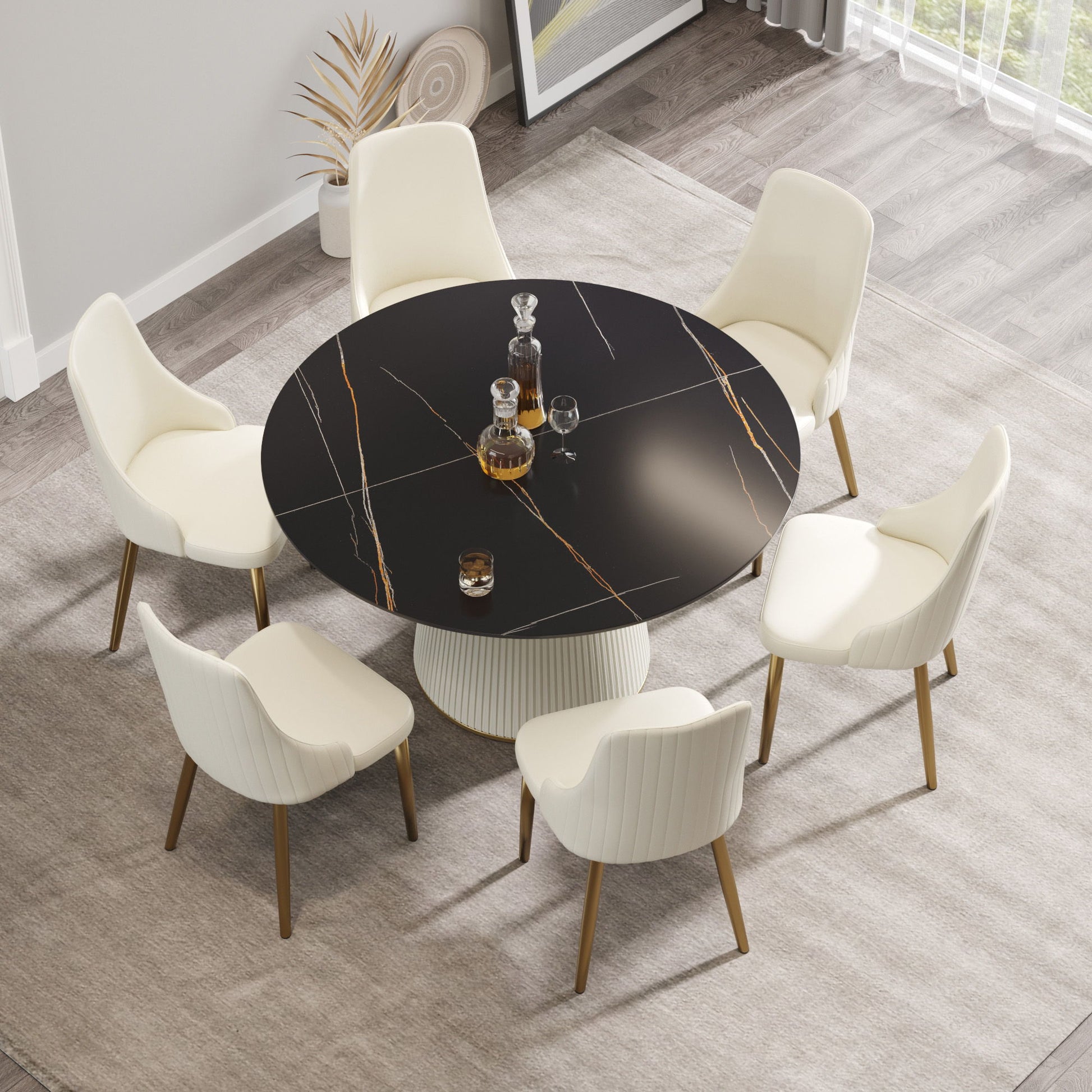 Modern Artificial Stone Round Plywood Base Dining Table, Can Accommodate 6 People, (Not Including Chairs) - Black / Beige Home Essentials