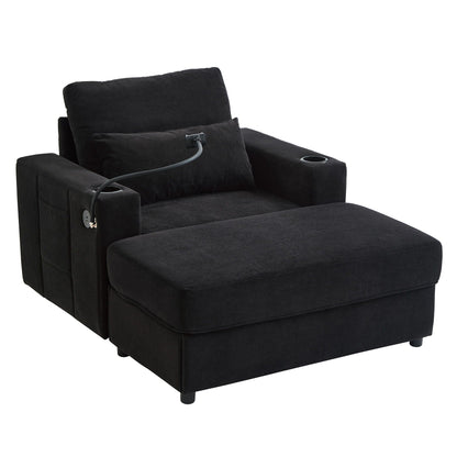 Modern Style Armchair Chaise Lounge Sofa Couch With Movable Storage Ottoman, USB Ports, Cup Holders, Phone Holder, Side Pockets Hearth and Haven