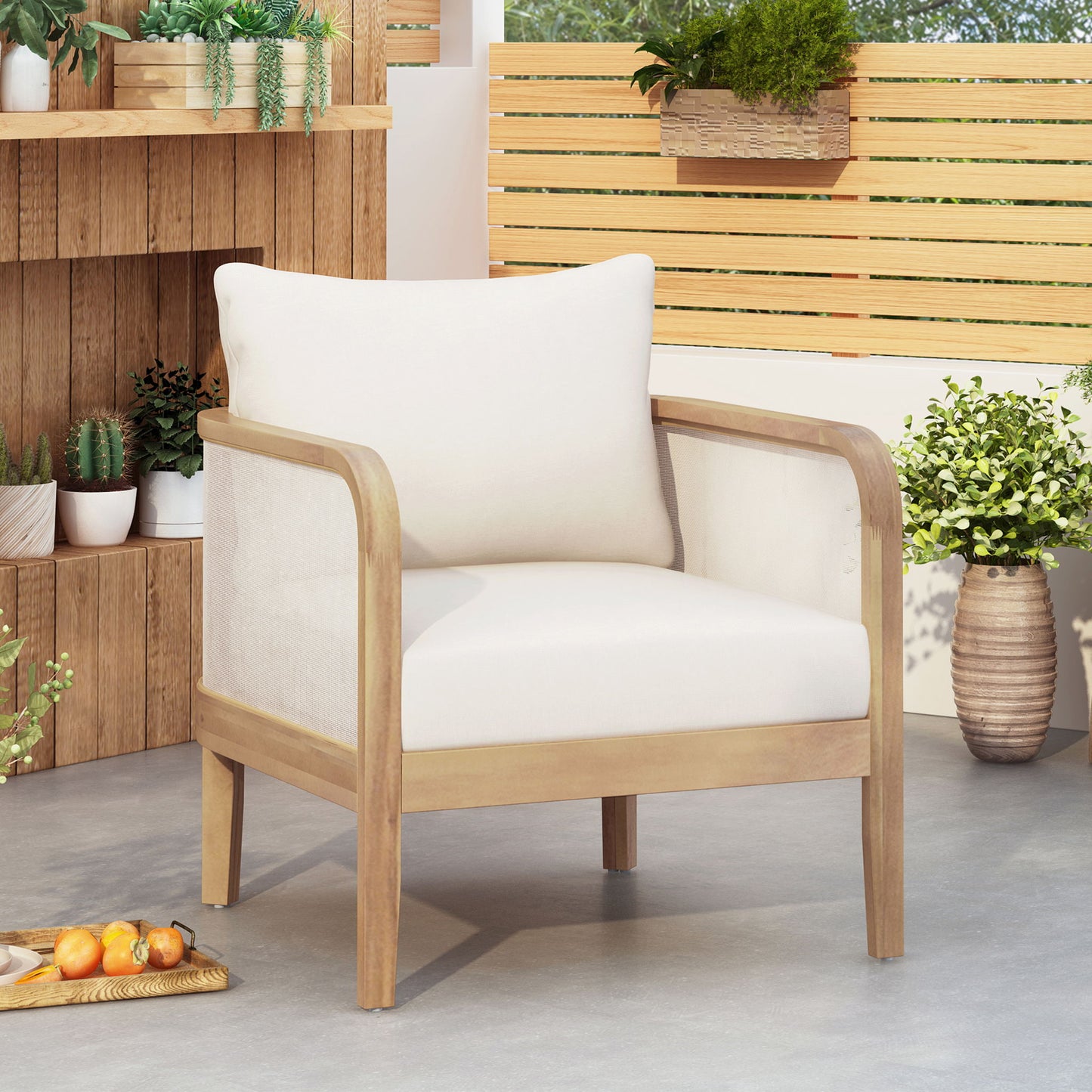 Outdoor Acacia Wood Patio Club Chair, Textilene Patio Furniture, Waterproof Thick Cushion Deep Seating For Porch, Garden, Backyard, Balcony, Weight Capacity 400Lbs, Light Teak - Beige Noble House