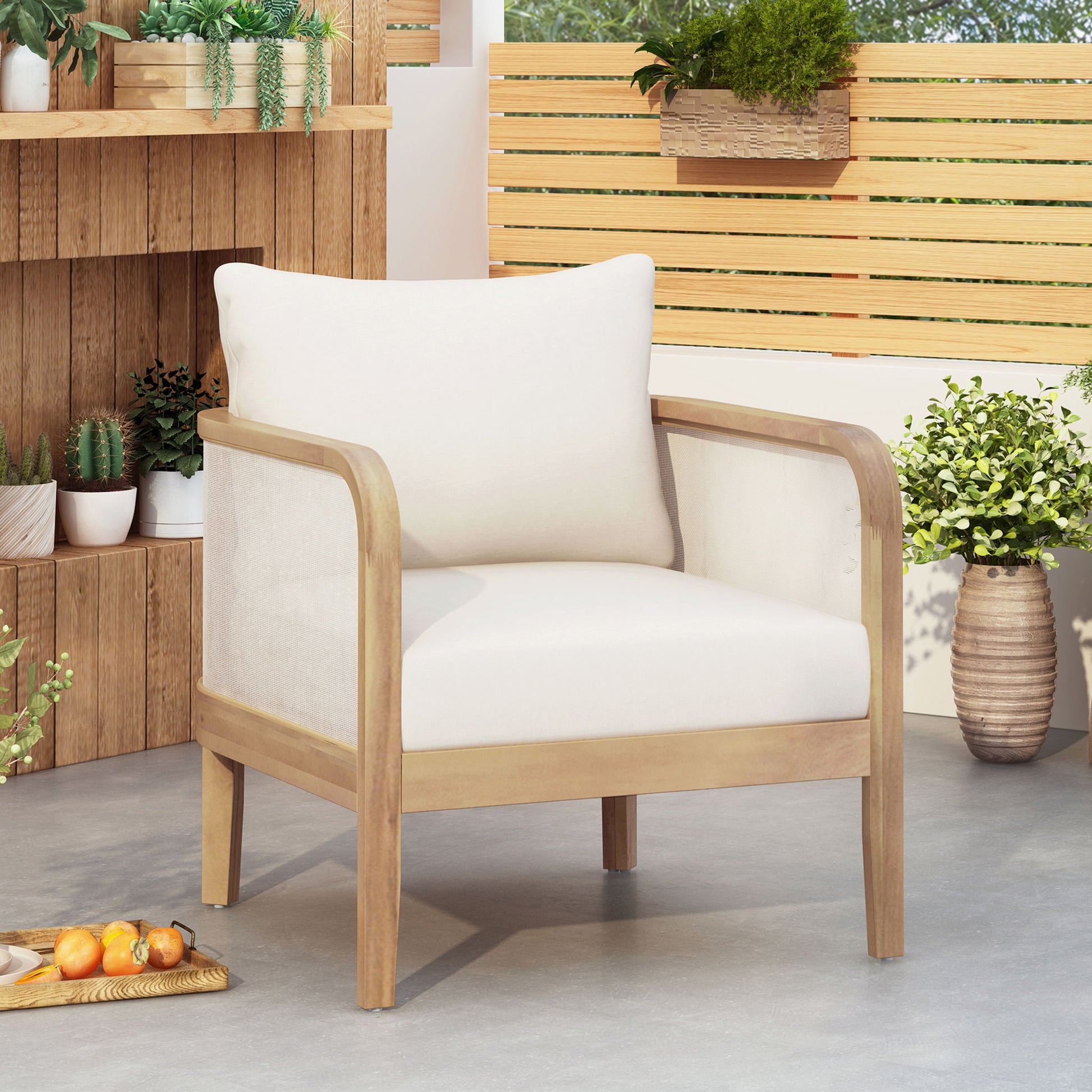 Outdoor Acacia Wood Patio Club Chair, Textilene Patio Furniture, Waterproof Thick Cushion Deep Seating For Porch, Garden, Backyard, Balcony, Weight Capacity 400Lbs, Light Teak - Beige Noble House