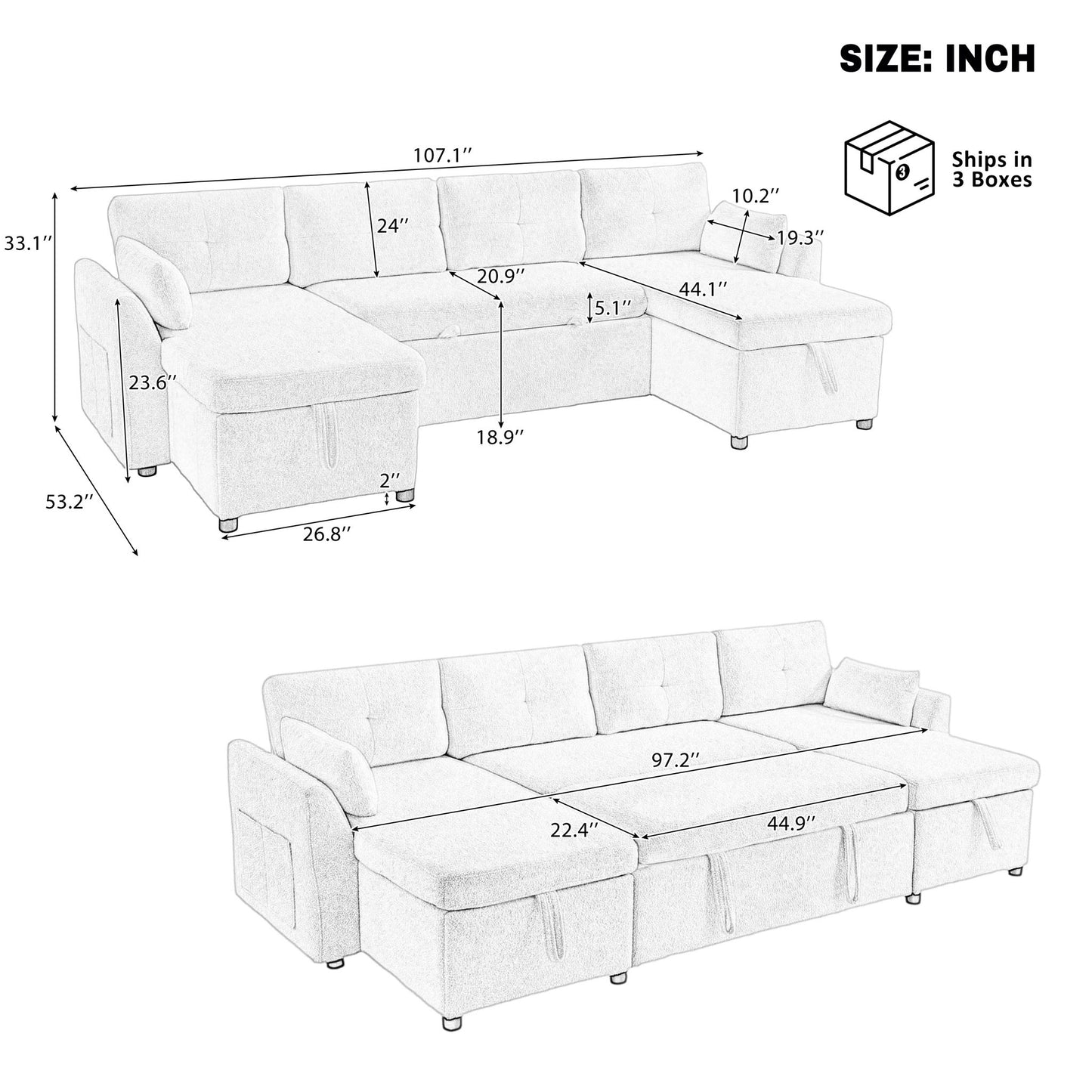 U-Shaped Sectional Sofa Bed With Storage And USB Ports Hearth and Haven