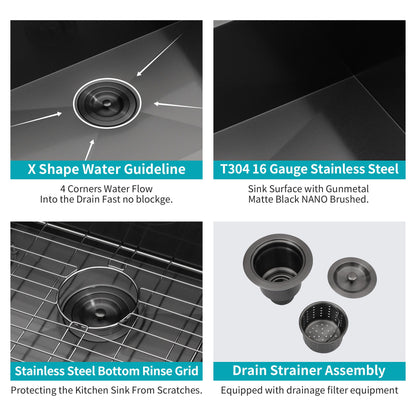 Modern Undermount Stainless Steel Kitchen Sink 16 Gauge, Deep Single Bowl Daily Nest