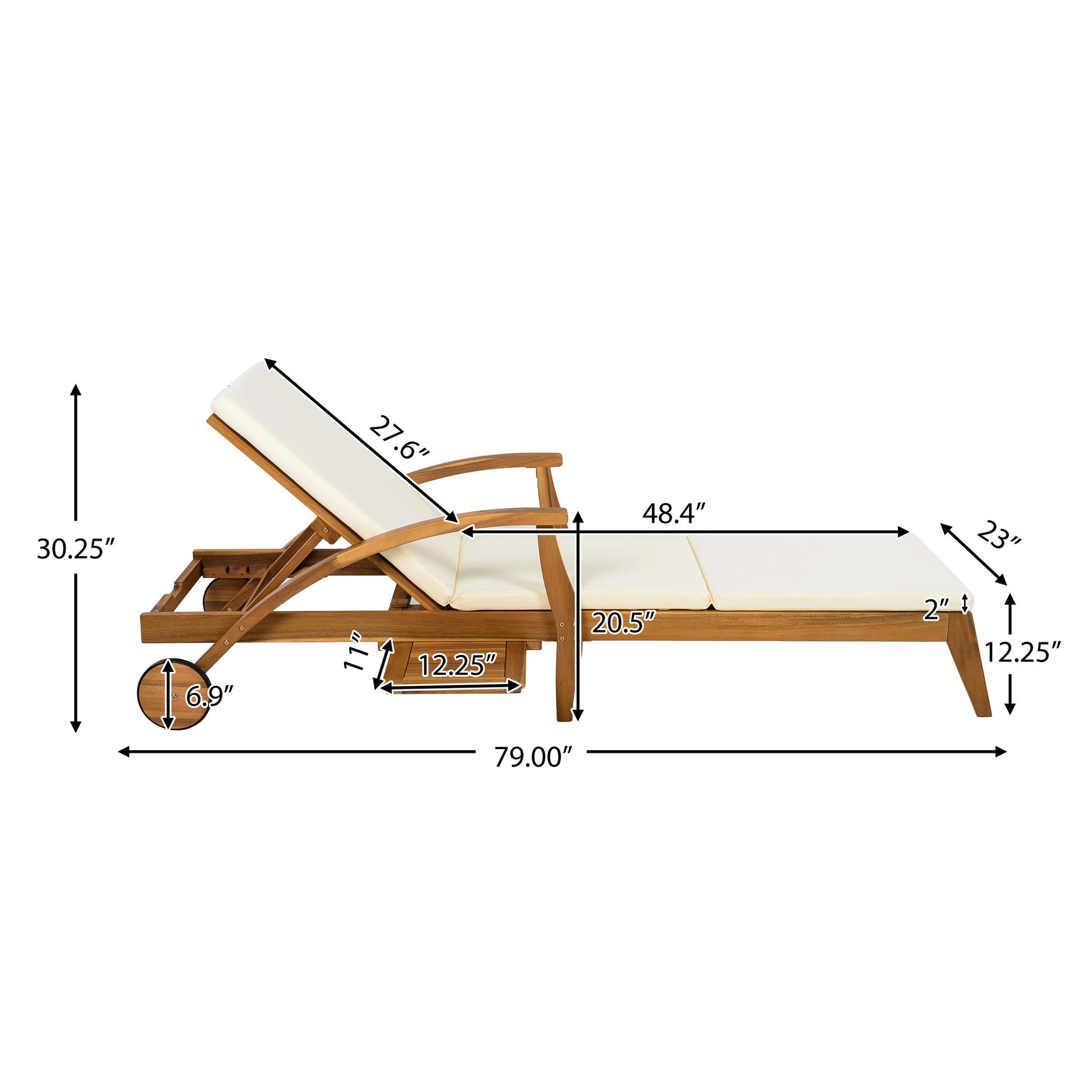 Versatile Chaise Lounge With Wheels Acacia Wood Recliner For Patio - Cream Noble House