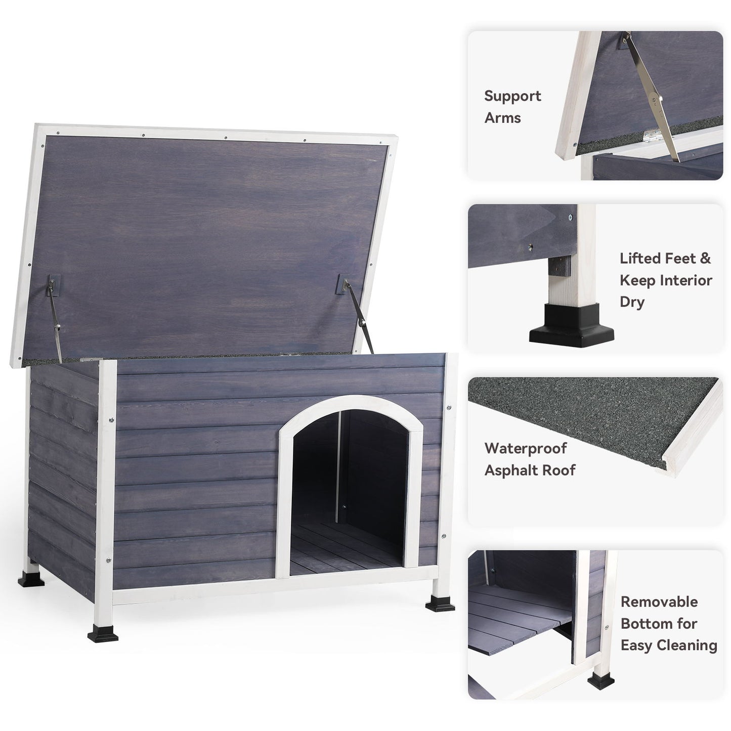 Medium Wooden Outdoor Dog House, Waterproof Roof, Elevated Floor - Gray Daily Nest
