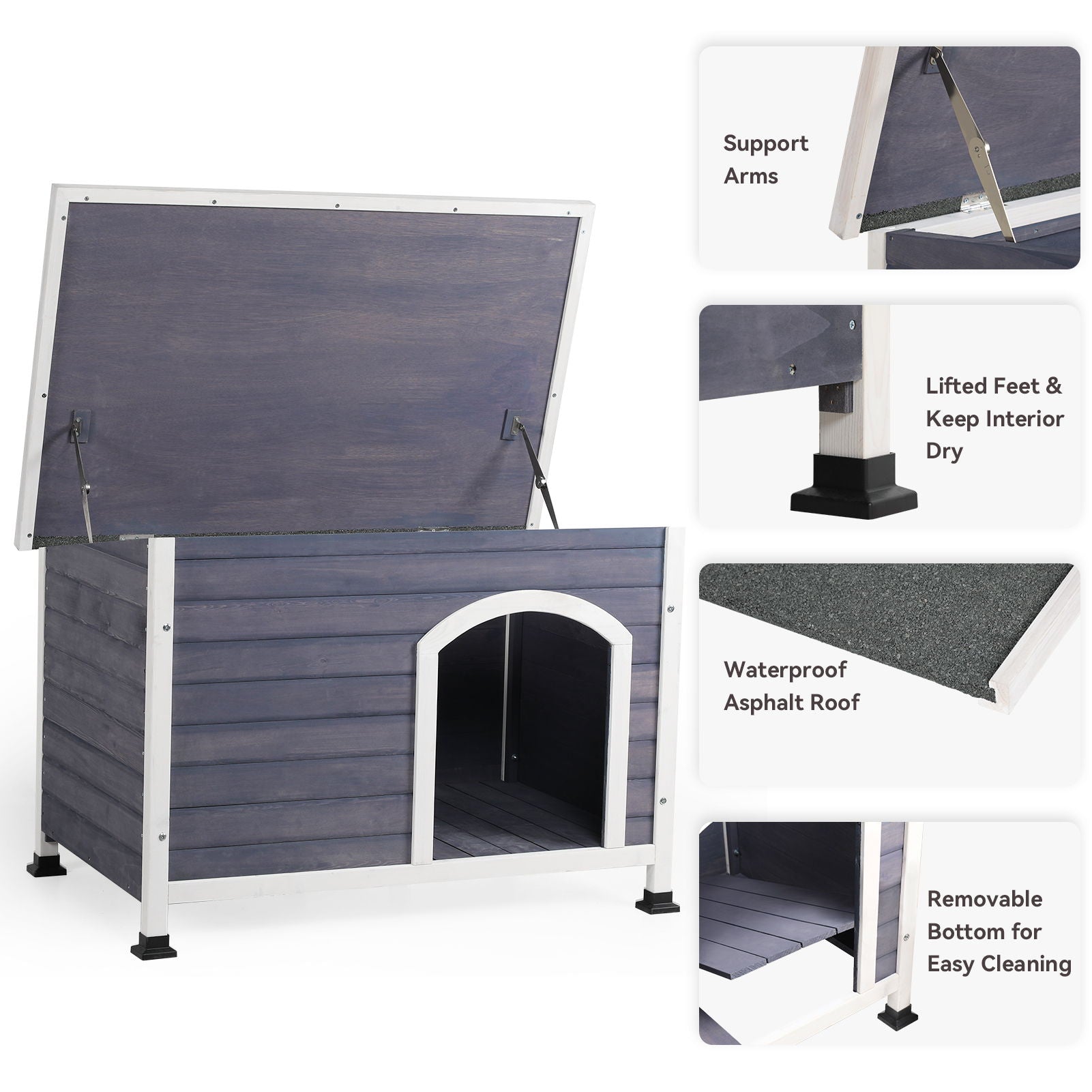 Medium Wooden Outdoor Dog House, Waterproof Roof, Elevated Floor - Gray Daily Nest