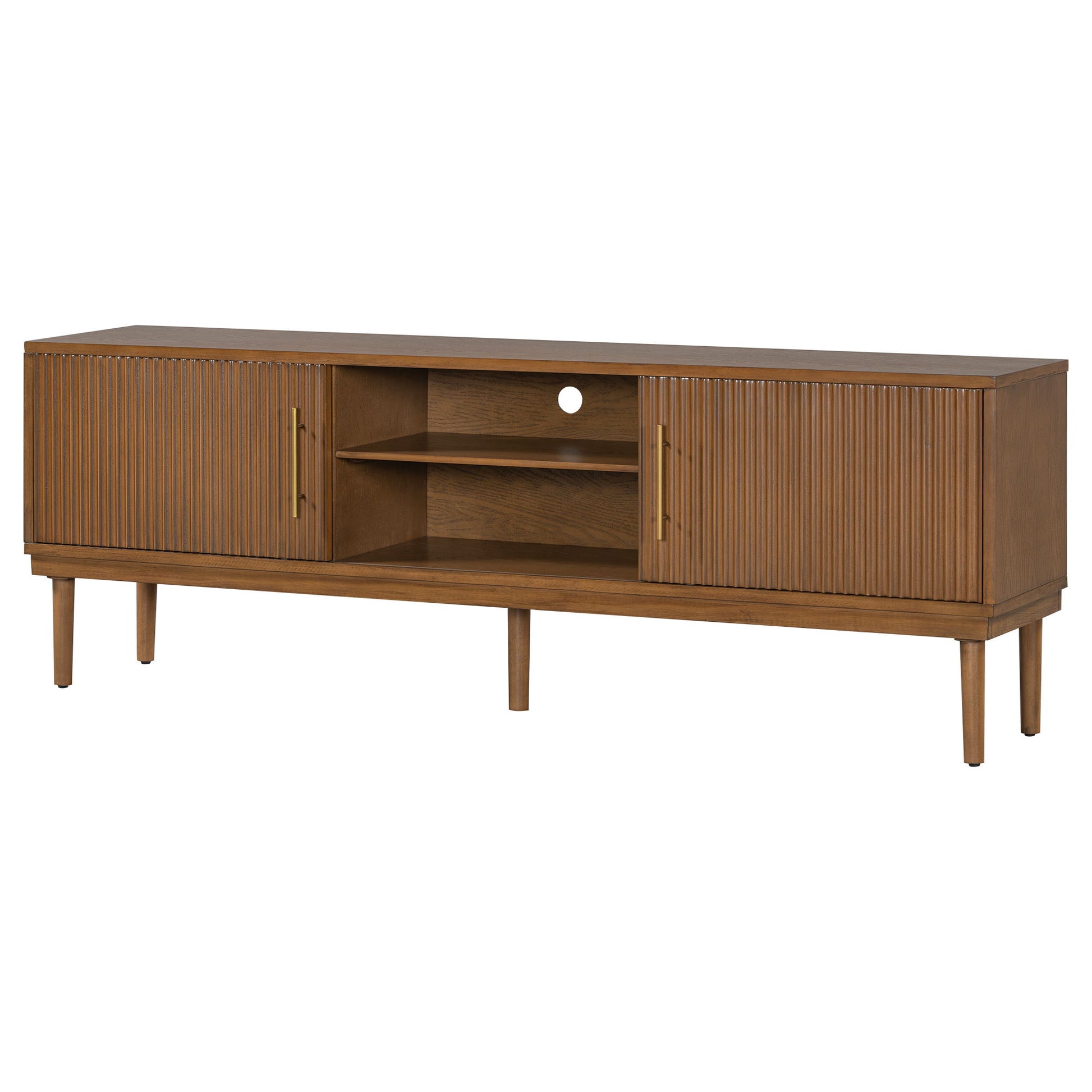 TV Stand With Vertical Slatted Doors And Sliding Panels, Solid Wood Legs - Brown Noble House
