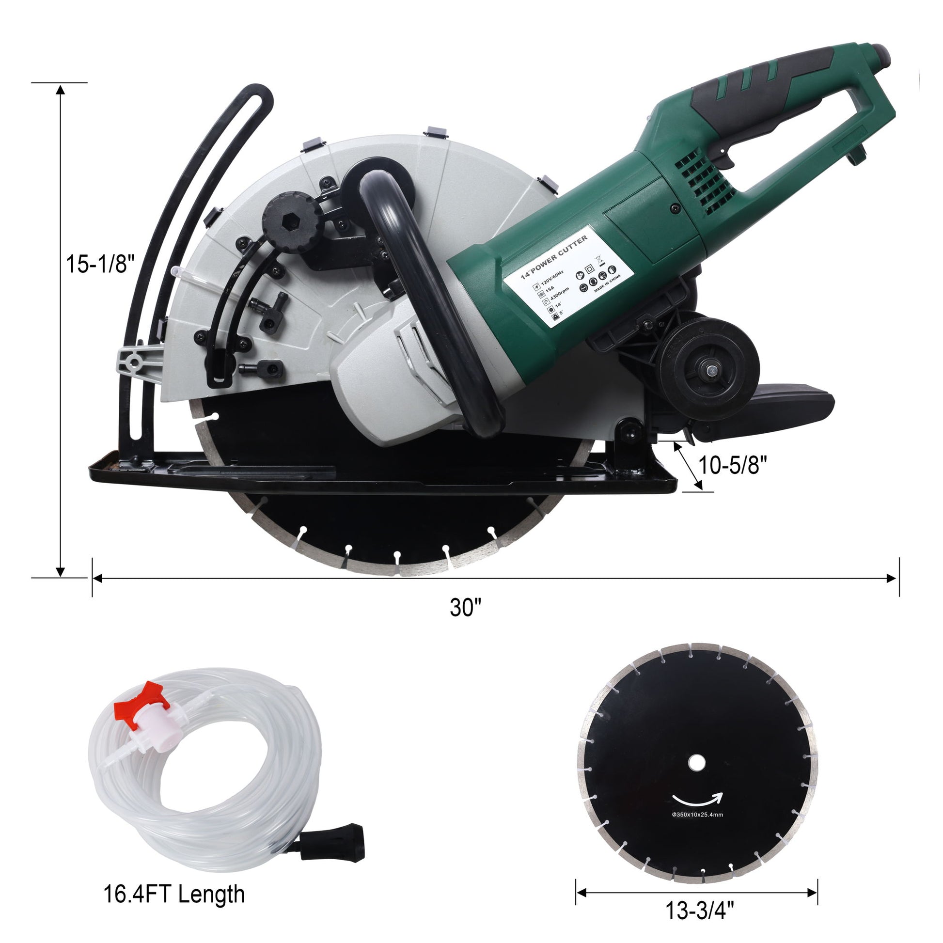 Portable Electric Corded Circular Concrete Saw 14" Wet / Dry Cutter 2600W Green Steel With Water Line & Guide Roller - Green Daily Nest