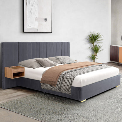 Upholstered Bed Frame Of Velvet Tufted Headboard With Floating Nightstand LED / USB Built