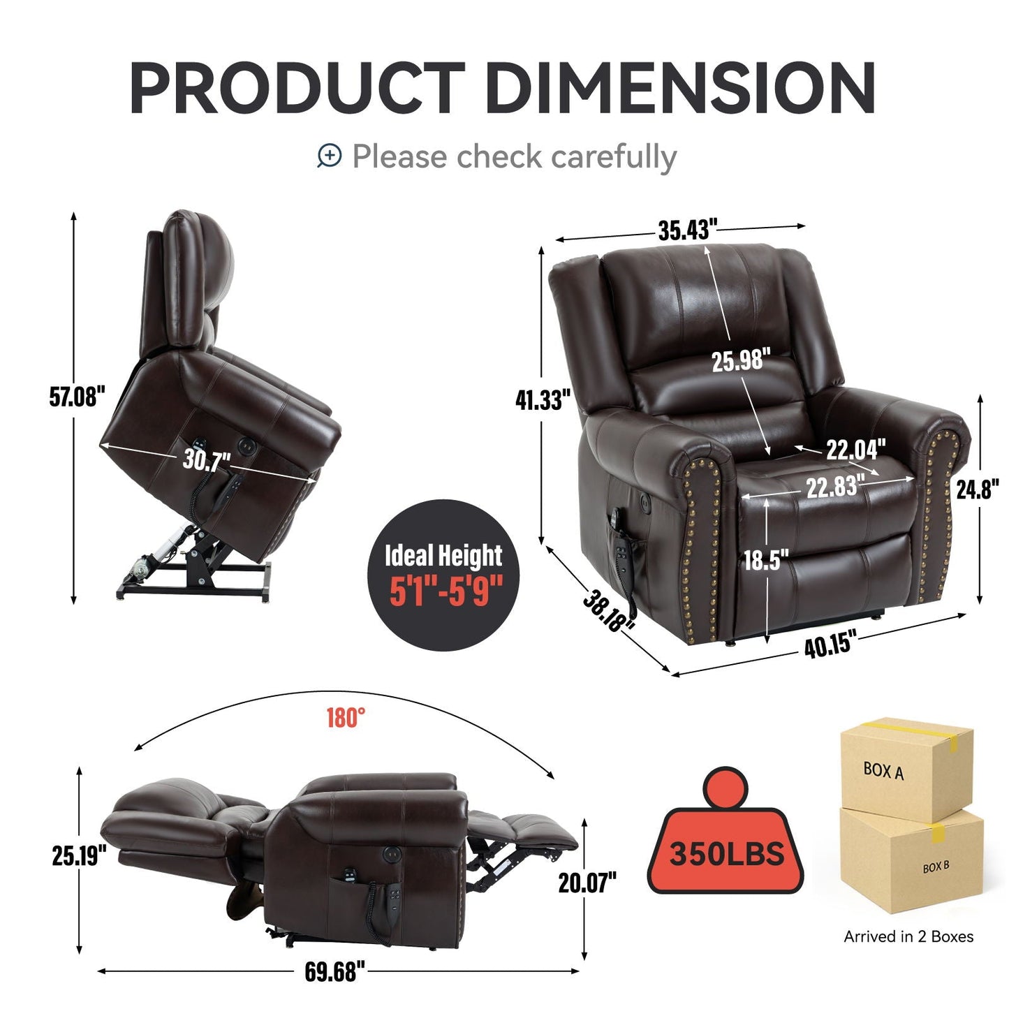 Power Lift Recliner Chair Heat Massage Dual Motor Infinite Position With USB Ports - Antique Brown Home Essentials