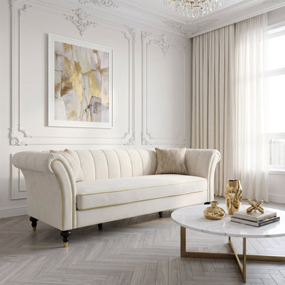 3 Seater Sofa With Rolled Arms, Vertical Channel Tufted Backrest